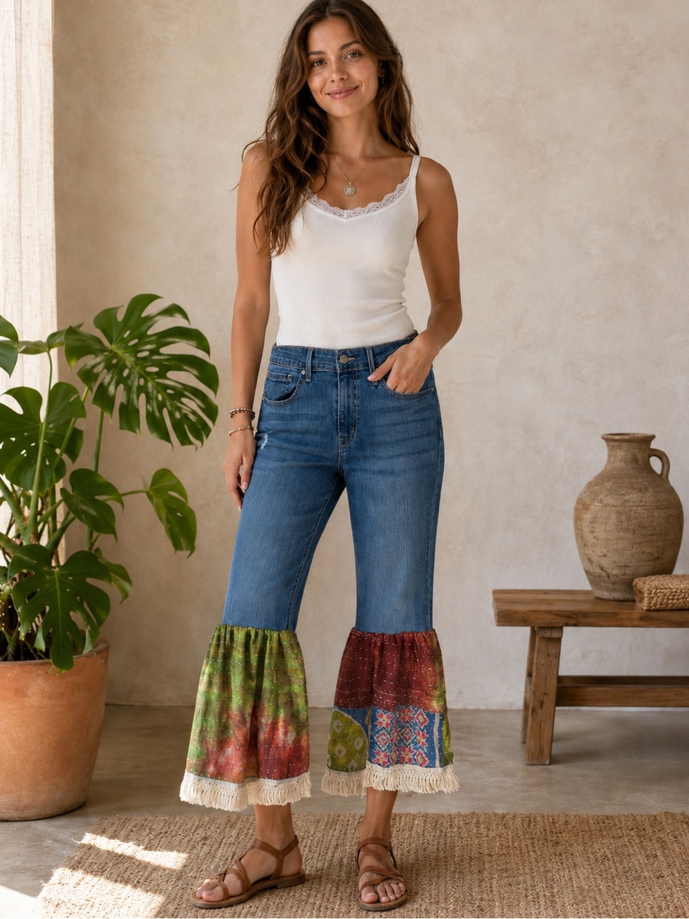 Upcycled cropped Levi jeans with kantha flares